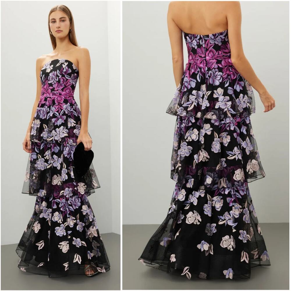 MARCHESE NOTTE -NWT- Tiered Strapless Embroidered Floral Tulle Gown | 10